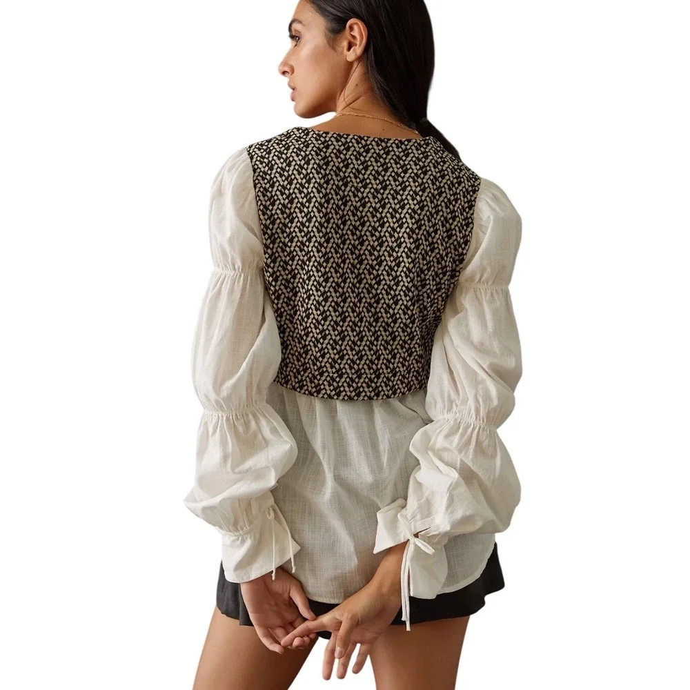 Anthropologie Layered Jacquard Blouse Size M White Black Mixed Media Boho